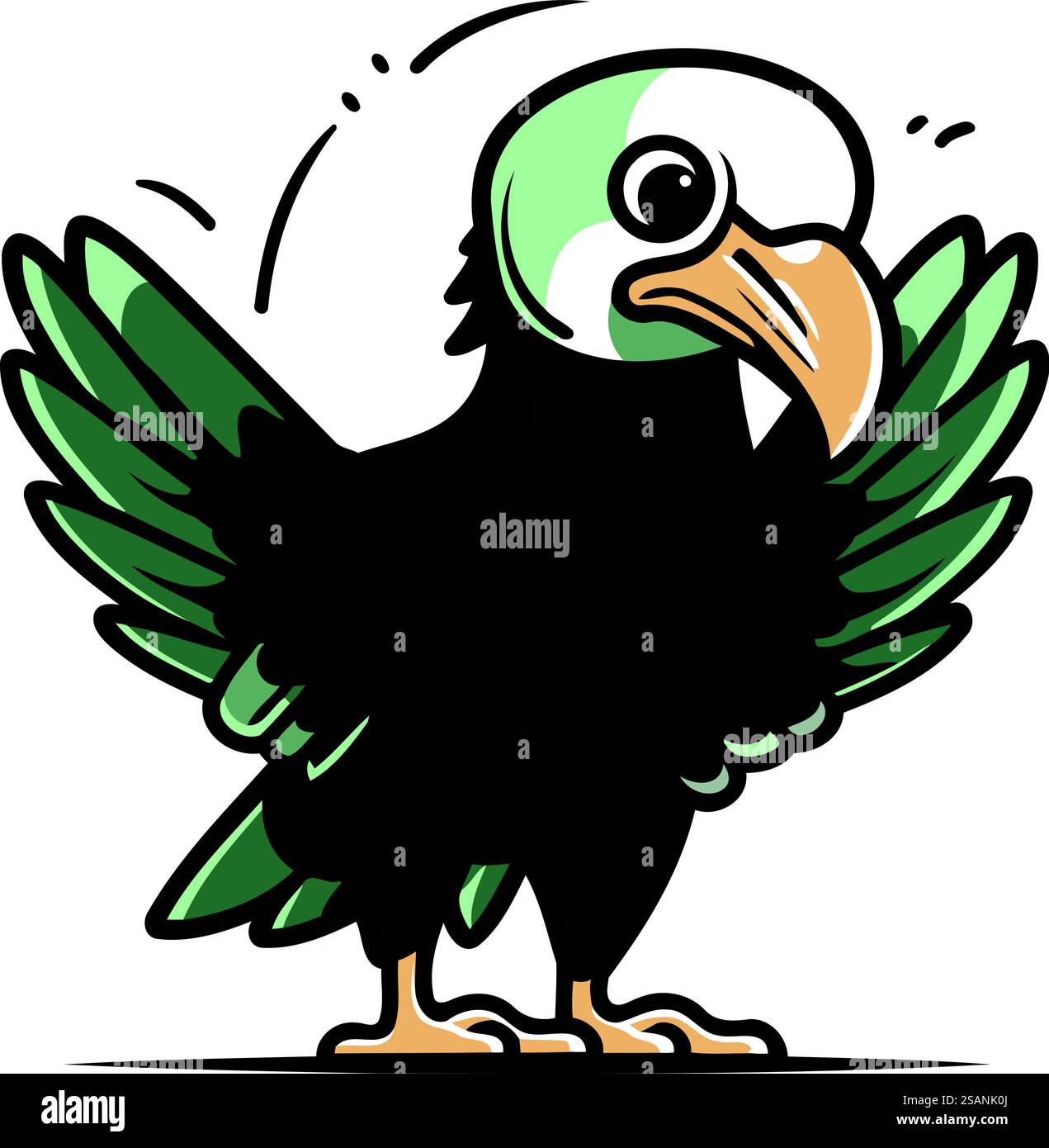 Cartoon Vektor Illustration eines großen schwarzen Vogels mit grünen Flügeln. Stock Vektor