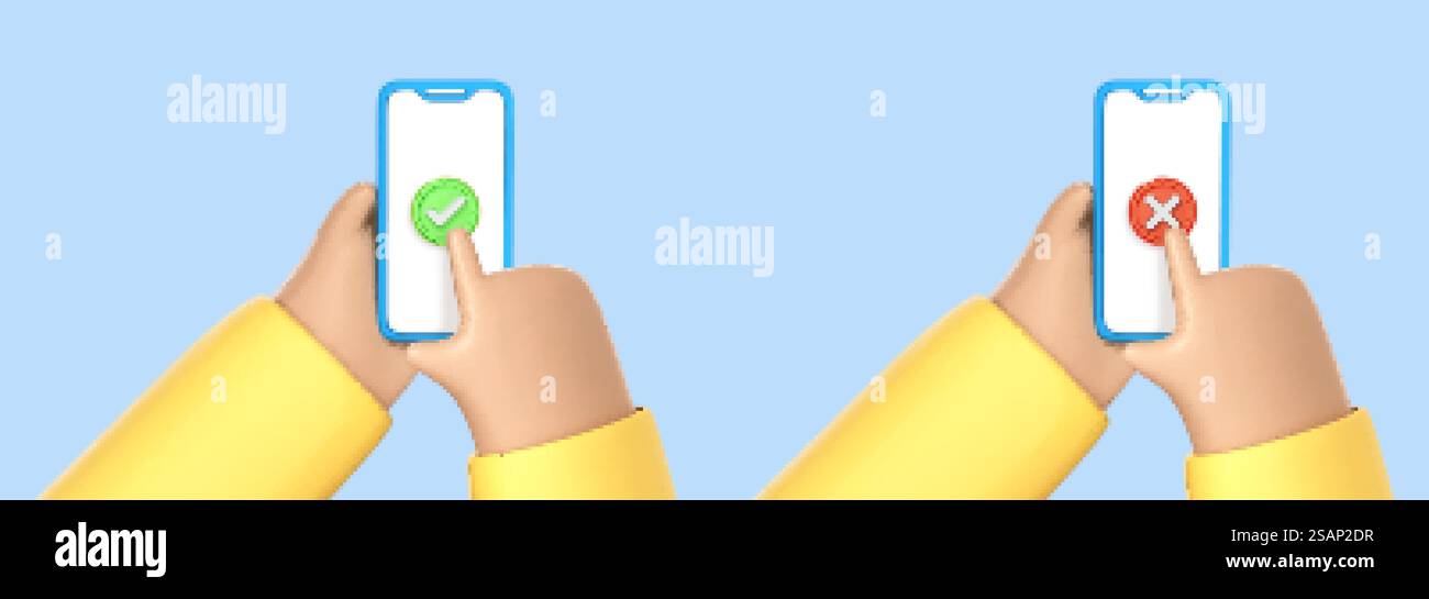 3D-Cartoon-Hände verwenden Smartphone mit Häkchen. Genehmigen und ablehnen auf dem Smartphone. Häkchen und Gegenkreuze. Symbole Häkchen und Kreuz auf dem Smartphone-Bildschirm. Vektor-3D-Illustration Stock Vektor