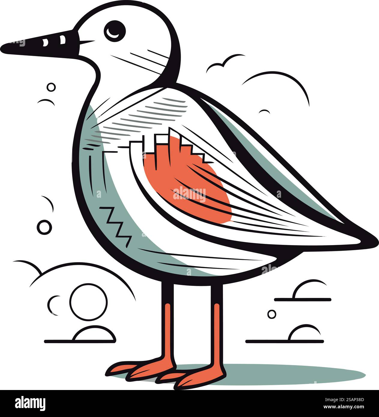 Vektorillustration einer Möwe auf weißem Hintergrund mit Wolken Stock Vektor