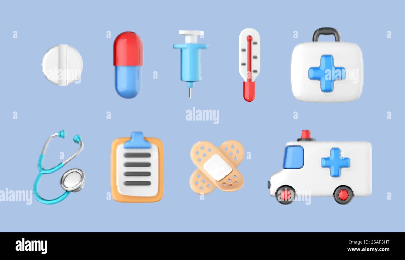 Symbole für Medizin und Gesundheitswesen gesetzt. Medizinische Ausrüstung im 3D-Cartoon-Stil. Online-Gesundheitskonzept. Vektor-3D-Illustration Stock Vektor