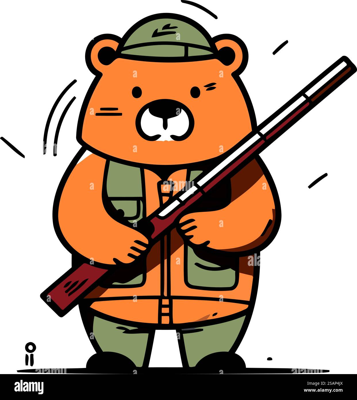 Süßer Karikaturbärenjäger mit einer großen Waffe. Vektorabbildung. Stock Vektor