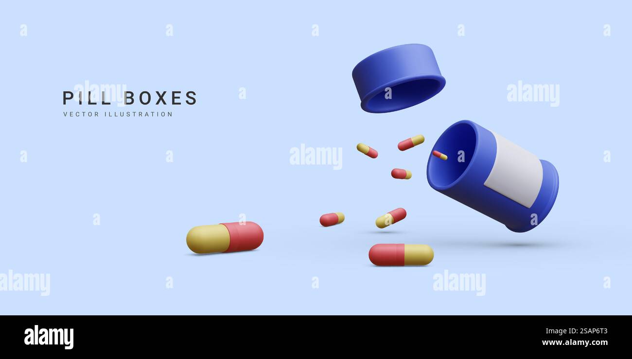 3D realistische Pille Flasche mit fliegenden Behandlung Medikation Kapsel Pillen isoliert auf weißem Hintergrund. Gesundheitskonzeptbanner für die Pharmazie. Vektorabbildung. Stock Vektor