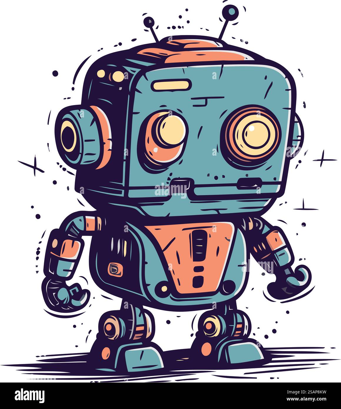 Cartoon-Roboter. Handgezeichnete Vektorgrafik. Isoliert auf weißem Hintergrund. Stock Vektor