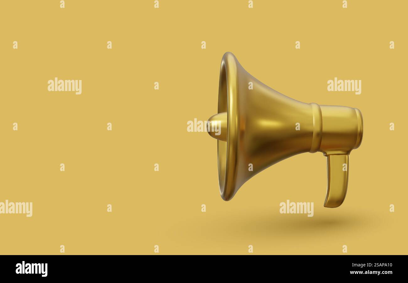 3D realistisches Gold-Megaphon-Marketingkonzept. Vektorabbildung. Stock Vektor