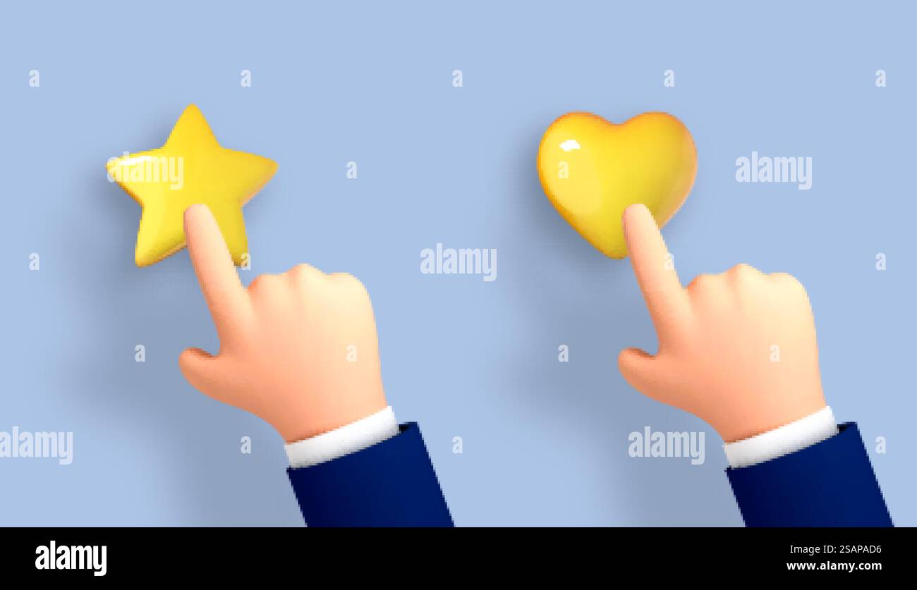 3D-Zeichentrickfilm Hand zeigt, Finger zeigt auf das Bewertungs- oder Auswahlsymbol. Feedback, Reputation und Qualitätskonzept. Kundenrezensionskonzept. Stock Vektor