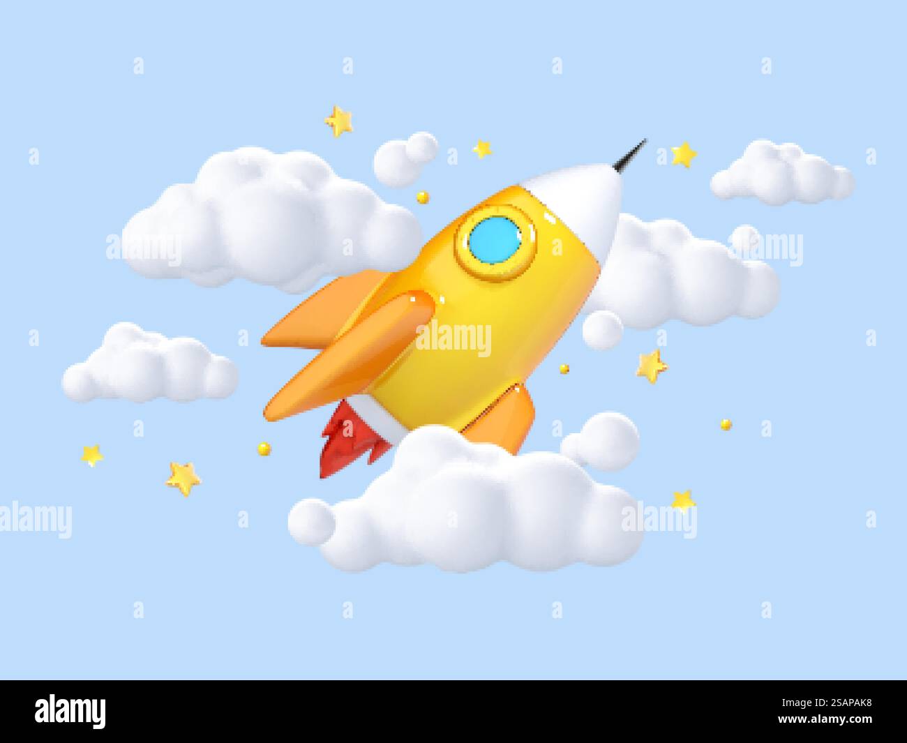 Gelbes Raketenschiff im 3D-Cartoon-Stil. Fliegendes Shuttle mit Wolken und Sternen auf blauem Hintergrund. Raumfahrt. Starten Sie ein neues Projekt-Startkonzept. Vektor-3D-Illustration Stock Vektor