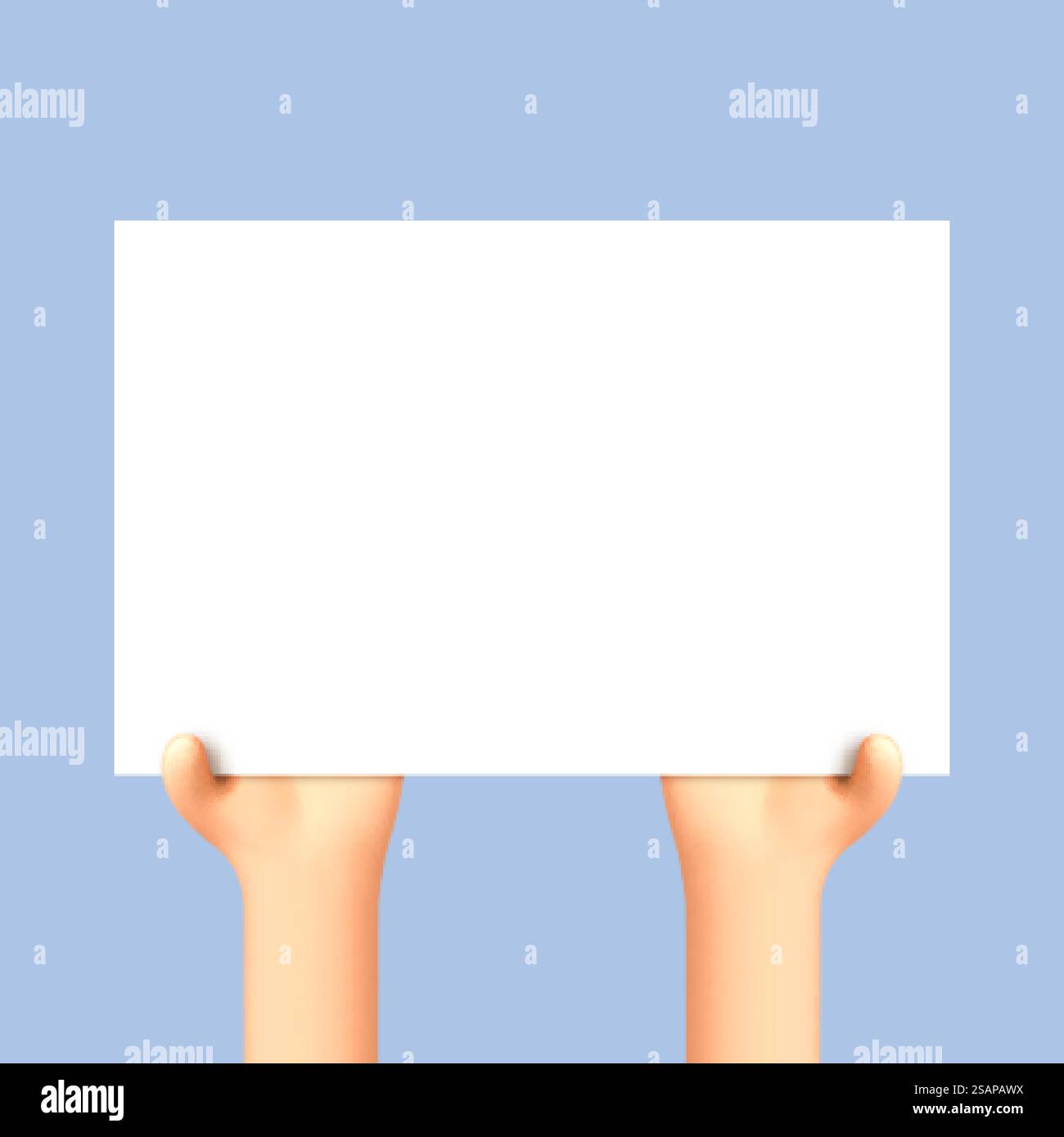 Cartoon-Hände halten leere Schilder. Weißes leeres Blatt Papier in den Händen. Promotion- oder Verkaufskonzept. Vektor-3D-Illustration Stock Vektor
