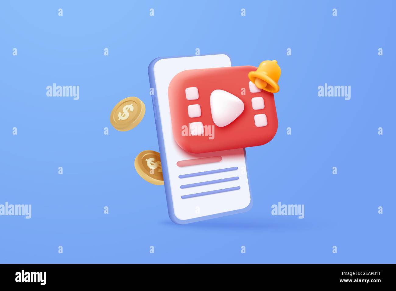 3D-soziale Medien mit Live-Streaming und Klingelalarm auf dem Mobiltelefon. Social Media Online, die Videos für das Konzept des passiven Einkommens machen. 3D-Vektor-Rendering-Illustration für mobile Entertainment-Symbole Stock Vektor