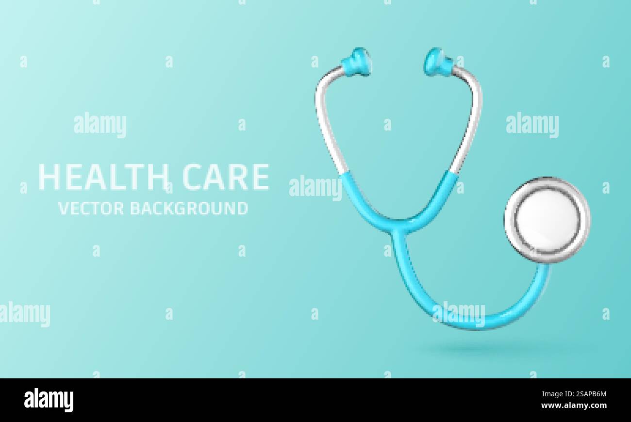 3D realistisches medizinisches Stethoskop isoliert auf blauem Hintergrund. Medizin und Gesundheitswesen, Kardiologie, medizinische Ausbildung. Vektor-3D-Illustration Stock Vektor