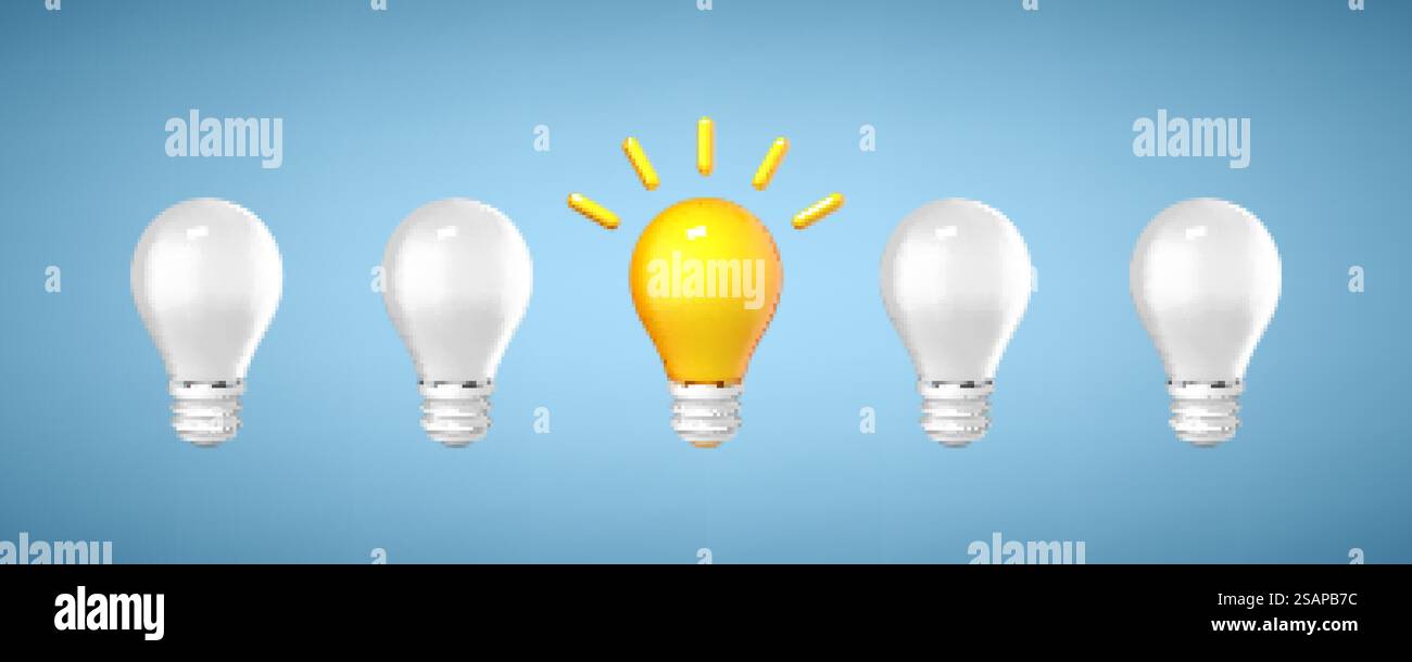 Gelbe 3D-Cartoon-Glühlampe als Symbol einer Idee. Denken, gute Idee und Geschäftserfolg kreatives Konzept. Vektor-3D-Illustration Stock Vektor