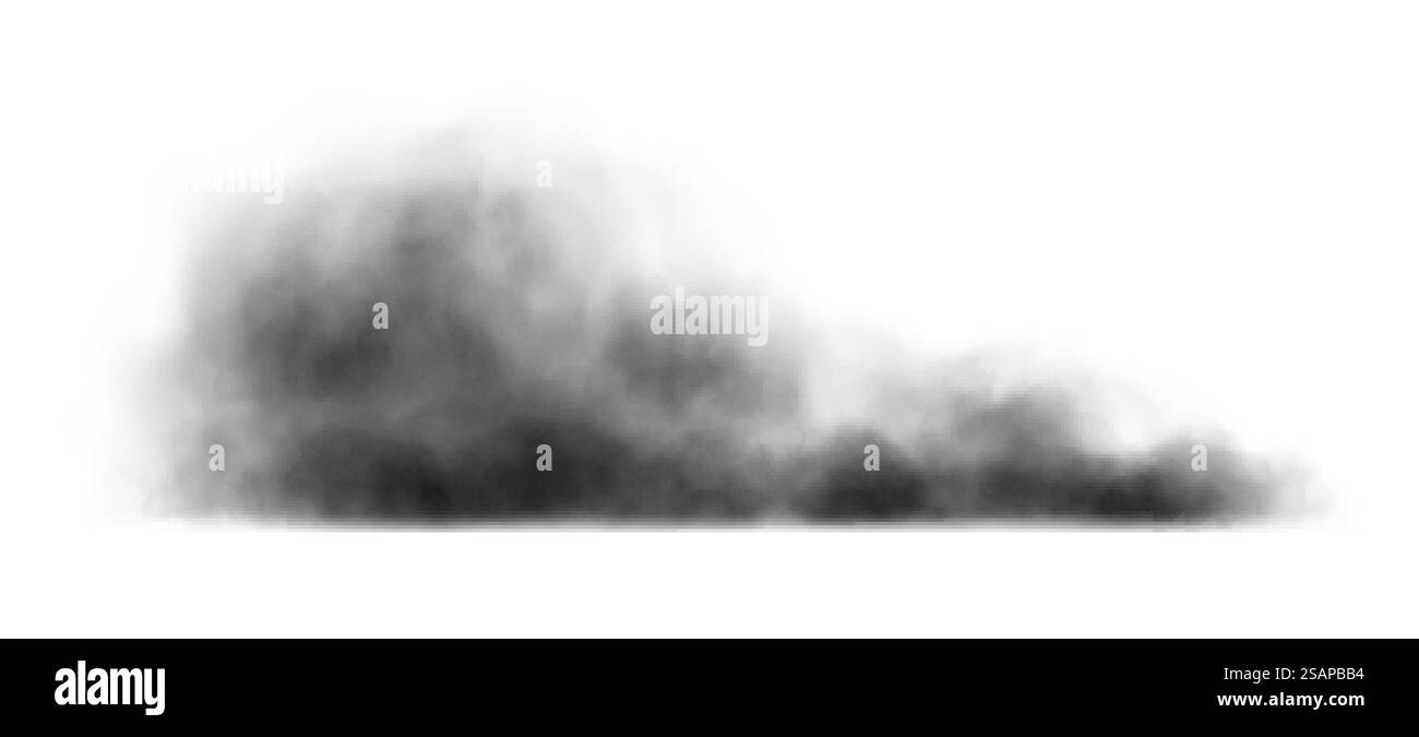 Schwarze Rauchwolke, schmutziger giftiger Nebel oder Smog. Schwarze Rauchstruktur isoliert auf weißem Hintergrund. Vektorrealistische Illustration von dunklem Rauch Stock Vektor