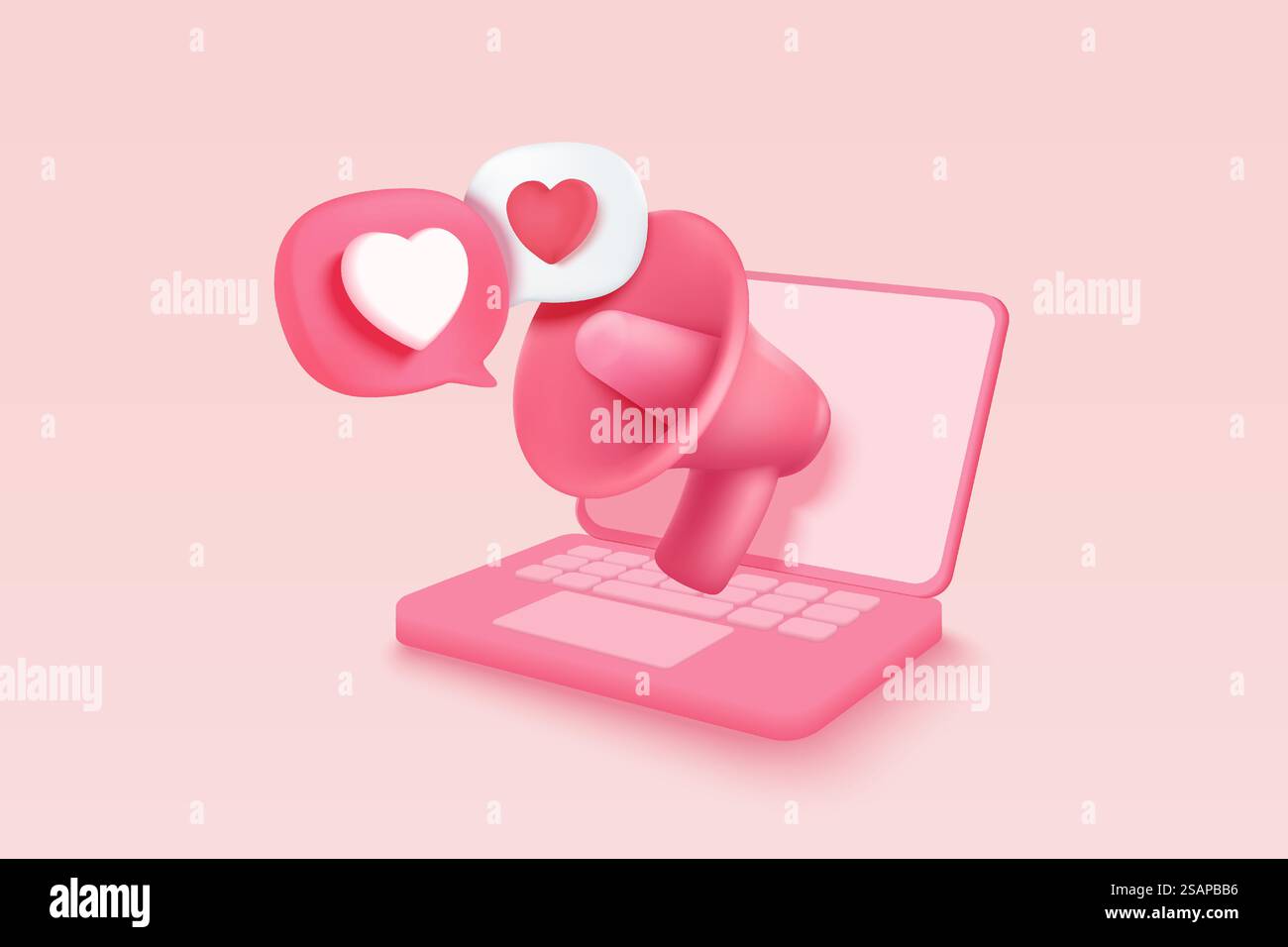3D-Megaphon-Lautsprecher für romantische valentinskorposition. Festliche Dekorationsgegenstände zum Valentinstag, Herz- und Liebesemoji-Ikonen. 3D-Freisprecheinrichtung Romantik-Symbol-Vektor-Rendering-Illustration Stock Vektor
