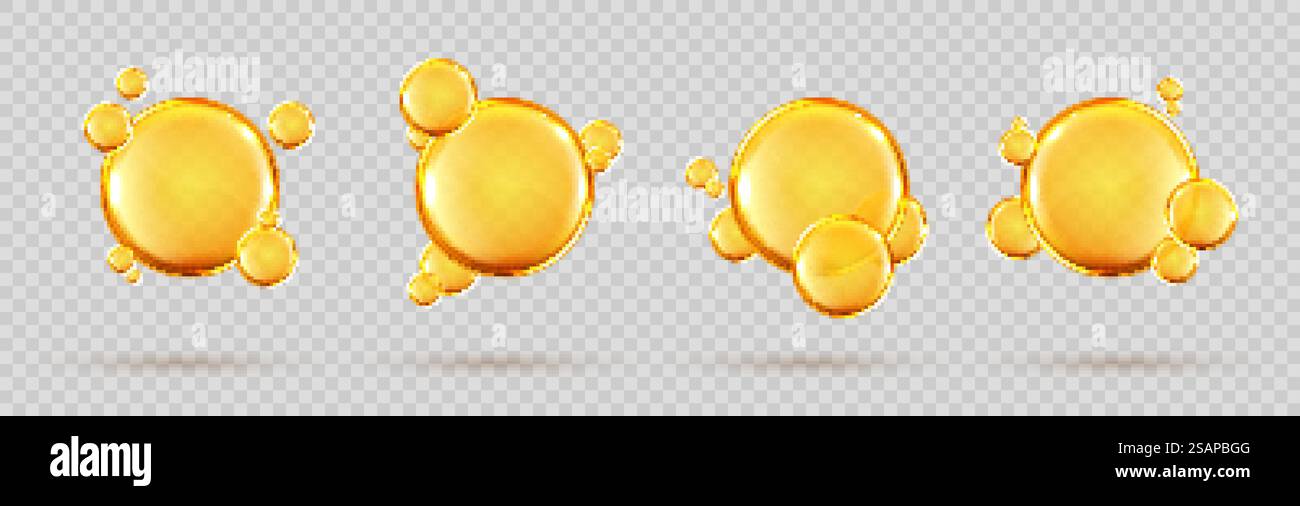 Ein Set goldener Tropfen von Omega drei, sechs und neun. Mehrfach ungesättigte Fettsäuren Omega-3, Omega-6, Omega-9. Natürliches Fischöl, organisches Vitamin, Nährstoffe. Omega-Fettsäuren. Vektorrealistische Kapseln Stock Vektor