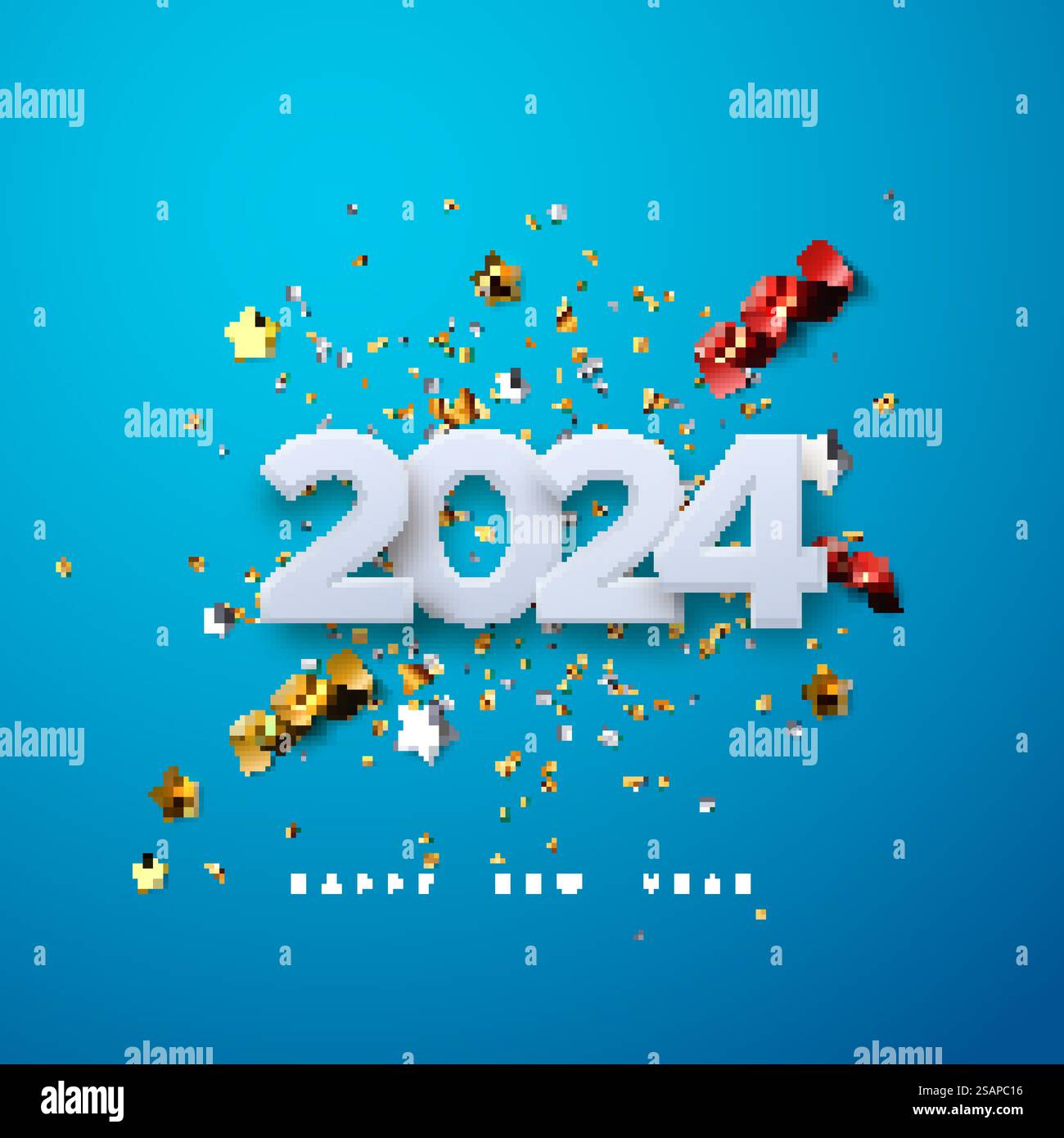 Happy New 2024 Year. Vektor-Feiertagsillustration von 2024 Papiernummern mit glitzernden Konfetti-Partikeln, goldenen Sternen und Streamern. Banner für festliche Veranstaltungen. Dekoration für Poster- oder Cover-Design. Happy New 2024 Year. Vektor-Feiertagsillustration Stock Vektor