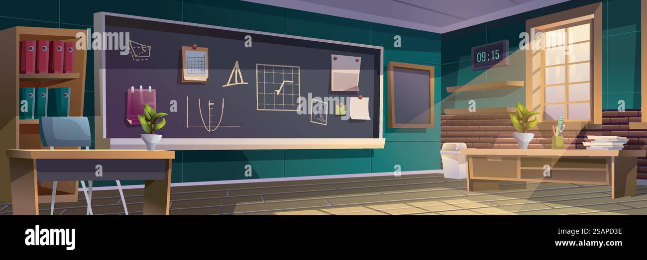 Hintergrundbanner für den Unterricht in flachem Cartoon-Design. Innenplakat für Schulklassen mit Lehrertisch, Schreibtischen und -Sitzen für Schüler, Tafel, Plakate an der Wand, Fenster mit Tageslicht. Vektorabbildung Stock Vektor