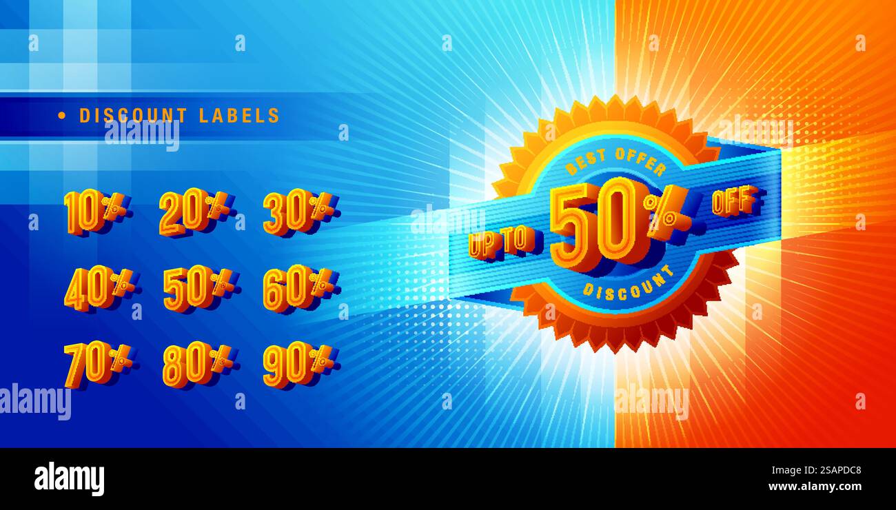 Verkaufs- und Rabattetiketten, abstraktes Blue Star-Band-Angebot Sale Discount Labels Design, Condensed Font, Discount Tags Collection mit Prozentsatz, 50%, 60%, 70%, 80% Sale Promotion Tag. Preisnachlass Stock Vektor
