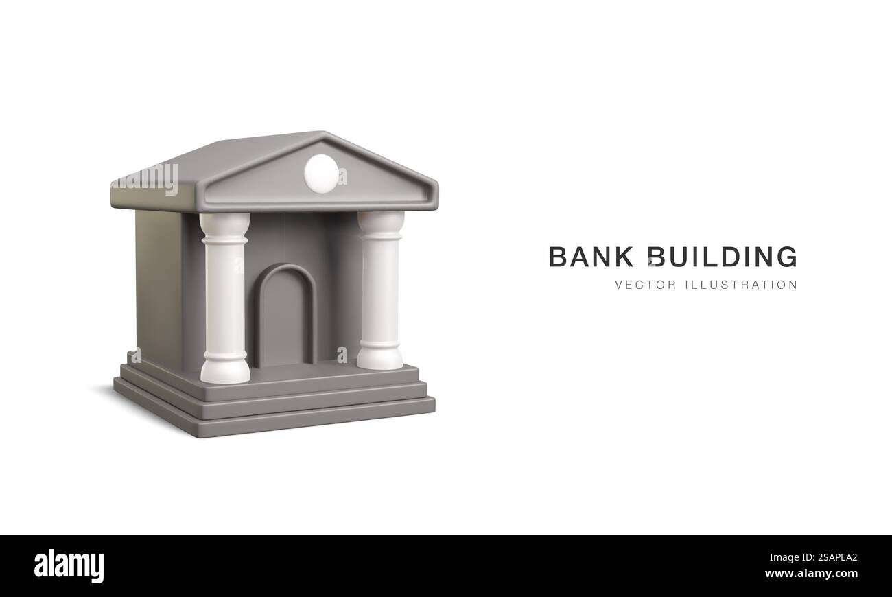 3D realistisches Bankgebäude. Online-Banking oder Banktransaktionen und Servicekonzept. Vektorabbildung. Stock Vektor