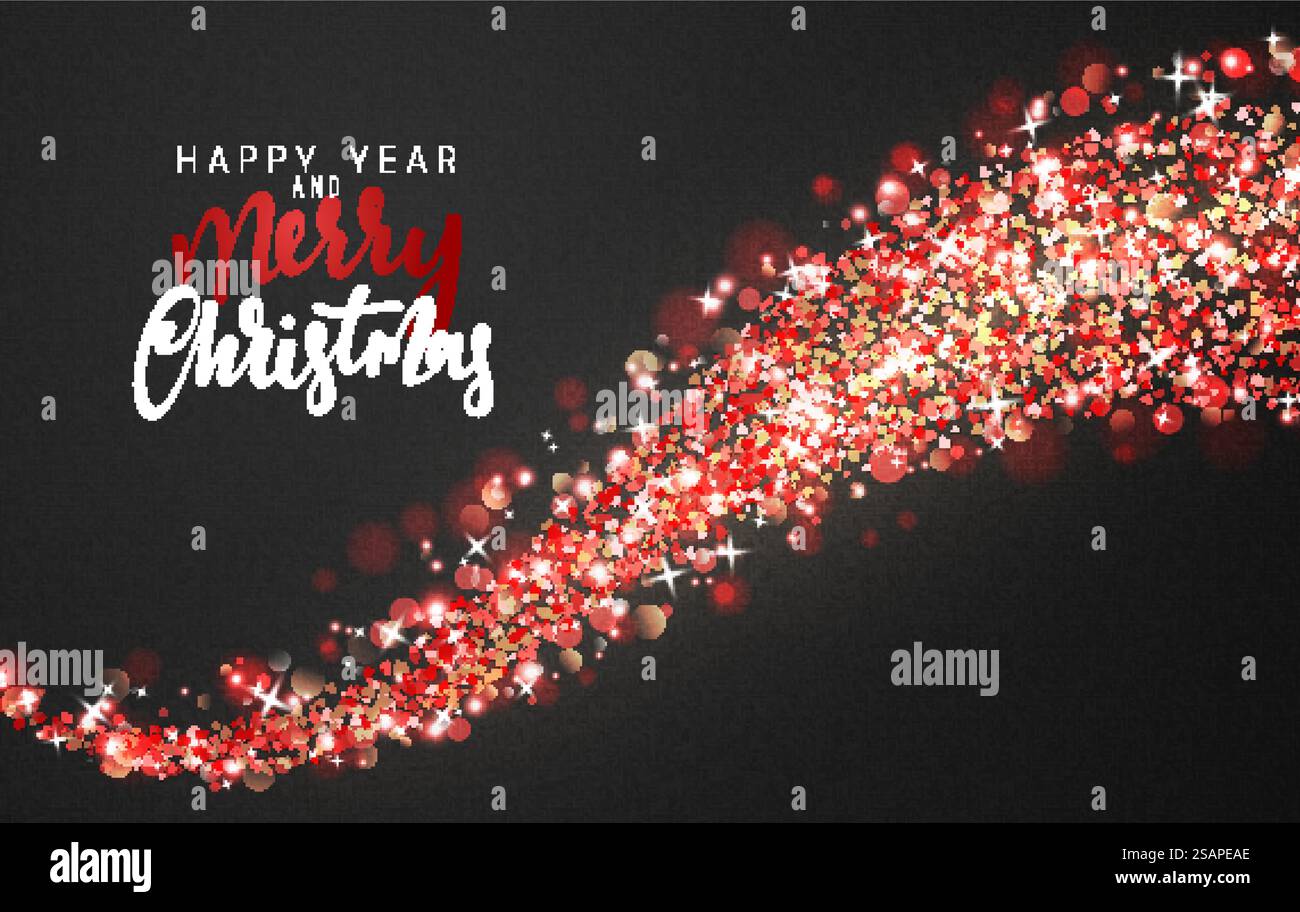 Weihnachtshintergrund mit hellen, realistischen Glitzer-Konfetti von Sternen. Weihnachtsfeiertag Lichteffekt. Grußkarten Design Frohe Weihnachten und Happy New Year, Vektor-Illustration Stock Vektor
