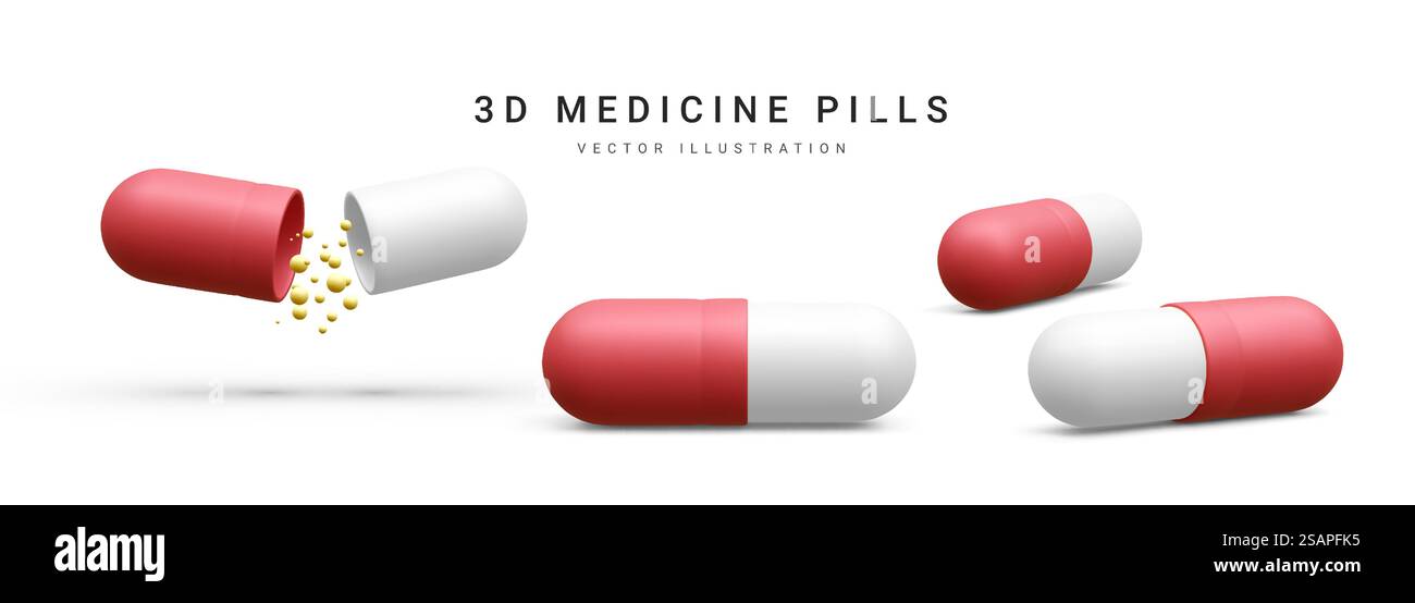 Set mit 3D realistischen ovalen, runden und kapselförmigen Tabletten, isoliert auf weißem Hintergrund. Medizin und Medikamente. Vektorabbildung. Stock Vektor
