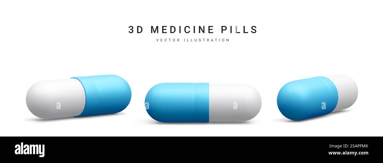 Set von 3D realistischen Kapselpillen isoliert auf weißem Hintergrund. Medizin und Medikamente. Vektorabbildung. Stock Vektor