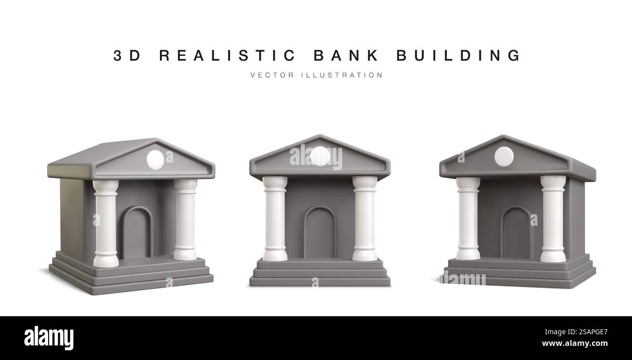 3D-Bankgebäude. Satz realistischer Banksymbole an anderer Position. Vektorabbildung. Stock Vektor