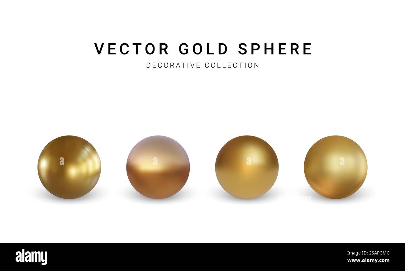 Set aus Goldkugel mit Schatten isoliert auf weißem Hintergrund. Sammlung der Ölblase. Goldener, glänzender 3D-Ball oder Edelperle. Vektorabbildung. Stock Vektor