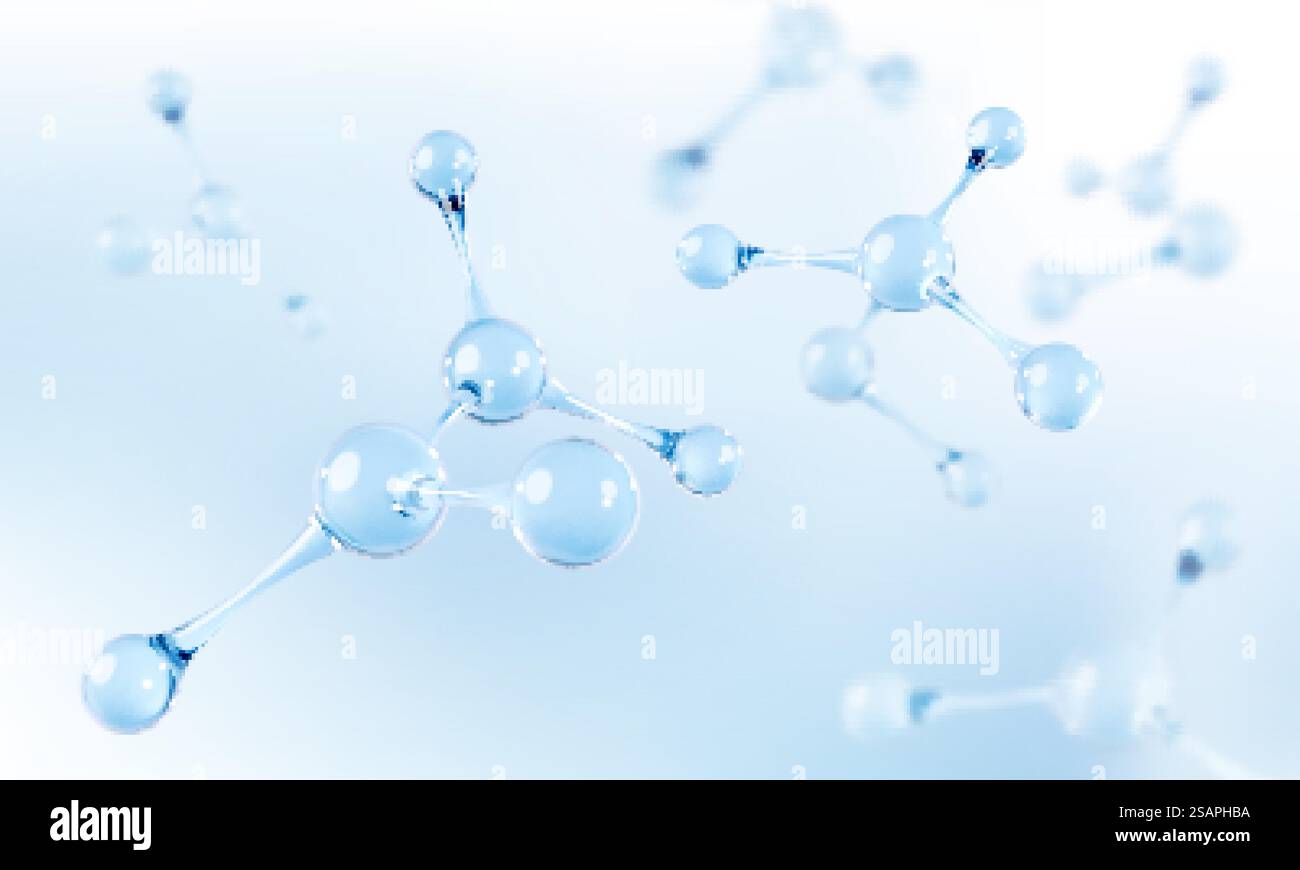 3D-Glasmoleküle oder -Atome auf hellblauem Hintergrund. Das Konzept der biochemischen, pharmazeutischen, Schönheitspflege, medizinischen. Wissenschaftlicher oder medizinischer Hintergrund. Vektor-3D-Illustration Stock Vektor