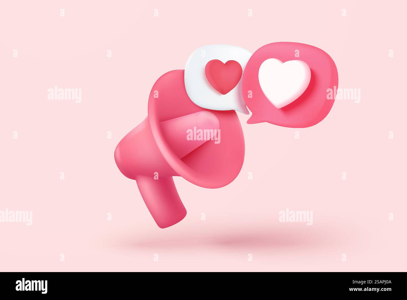 3D-Megaphon-Lautsprecher für romantische valentinskorposition. Festliche Dekorationsgegenstände zum Valentinstag, Herz- und Liebesemoji-Ikonen. 3D-Freisprecheinrichtung Romantik-Symbol-Vektor-Rendering-Illustration Stock Vektor