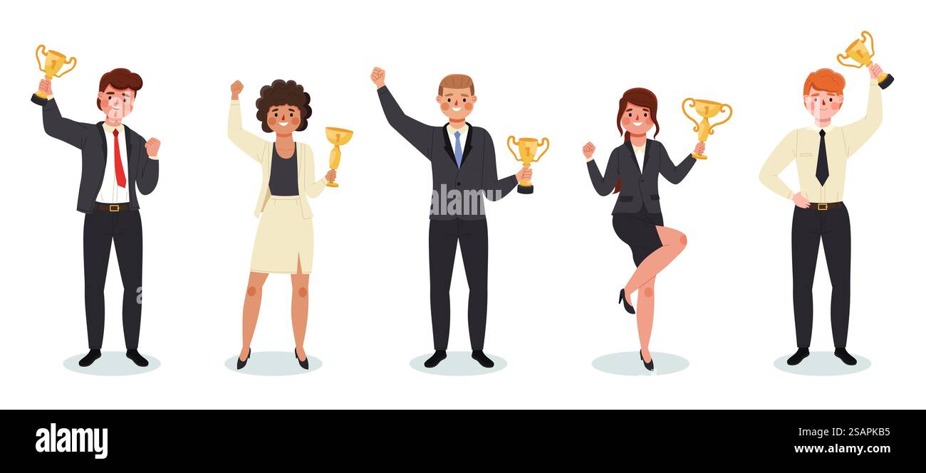 Geschäftsleute mit goldenen Bechern. Glückliche positive Büroangestellte, die Goldprämien erhalten. Gewinner vergeben. Erfolgreiches Projekt. Isolierte Menschen erreichen Ziel und Sieg. Vector Happy Business Leaders Set. Geschäftsleute mit goldenen Bechern. Glückliche positive Büroangestellte, die Goldprämien erhalten. Gewinner vergeben. Erfolgreiches Projekt. Menschen, die Ziele und Siege erreichen. Vector Business Leaders Set Stock Vektor