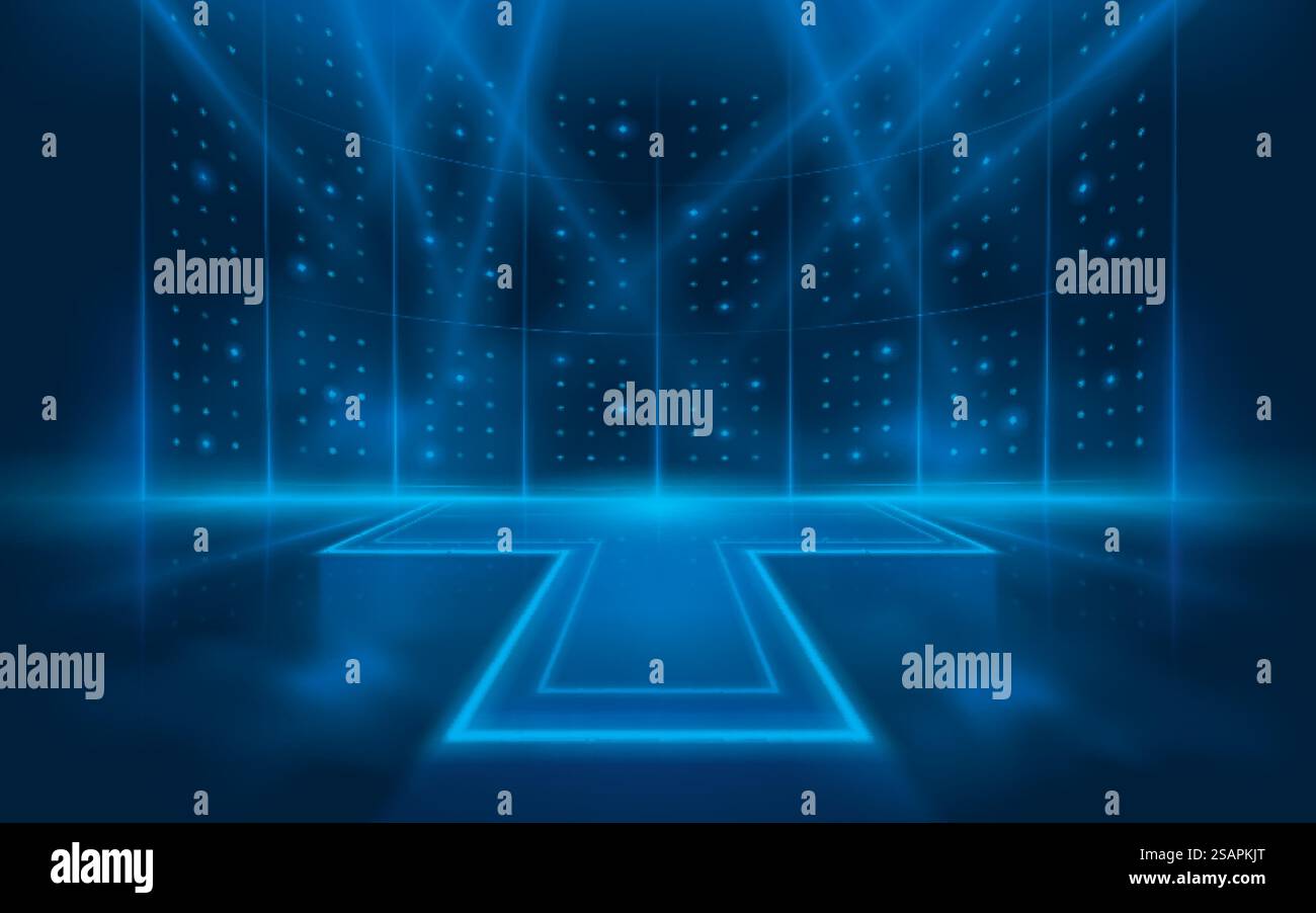 Abstrakte futuristische Lichter Linien Hintergrund. Eleganter Lichteffekt. Helle Punkte auf der Bühne leuchten. Abstrakte dynamische Lichtlinien zeigen. Laser futuristische Formen und Spotlights auf blauem Hintergrund. Stock Vektor