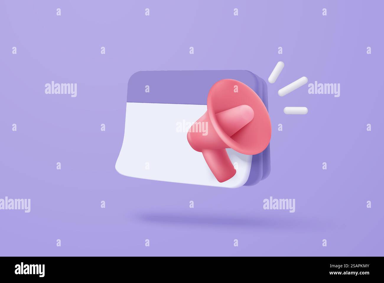 3D-Kalenderdatum und -Uhrzeit für den Tag der Erinnerung mit Megaphonlautsprecher oder Lautsprecher zur Ansage. Kalender mit roter Gefahrenanzeige. 3D-Darstellung des Symbols für Benachrichtigungen über Freisprechanlagen Stock Vektor