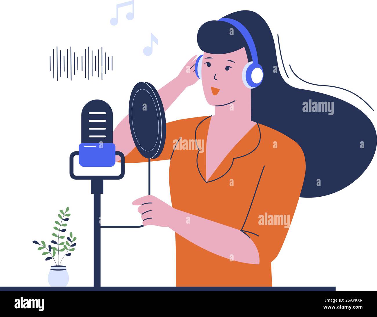 Eine junge Frau, die in einem professionellen Musikstudio einen Song aufnimmt. Audiosound oder Musikaufnahme einer flachen Vektorgrafik Stock Vektor