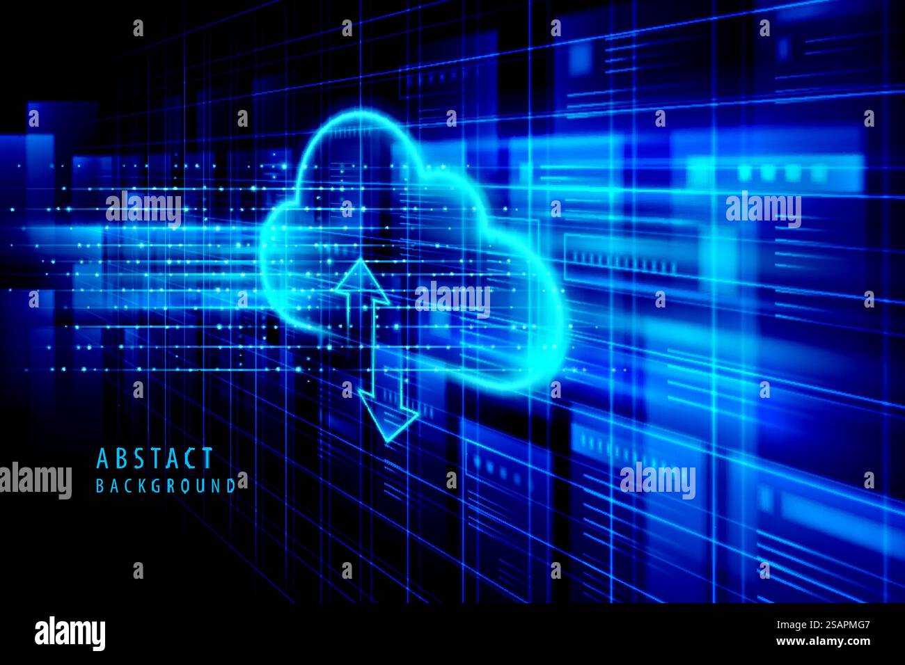 Abstrakter Hintergrund für Rechenzentren. Cloud-Storage-Technologie für das Computer-Warehouse von Daten. Digitale Informationen mit Lichte der Cloud-Datenbank. Hosting-Servicekonzept. Futuristischer Raum mit digitaler Technologie. Stock Vektor