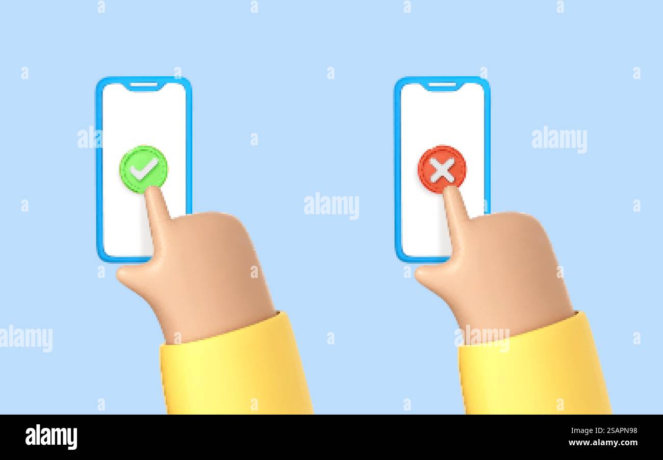 3D-Cartoon-Hände verwenden Smartphone mit Häkchen. Genehmigen und ablehnen auf dem Smartphone. Häkchen und Gegenkreuze. Symbole Häkchen und Kreuz auf dem Smartphone-Bildschirm. Vektor-3D-Illustration Stock Vektor