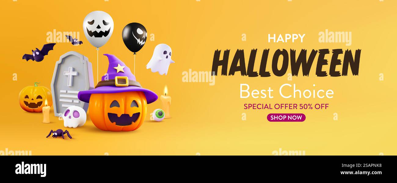 Halloween Sale Promotion Poster Vorlage mit Halloween Kürbissen, niedlichem Geist und halloween Elementen. Website-Spooky oder Banner-Vorlage. Vektorabbildung eps 10 Stock Vektor