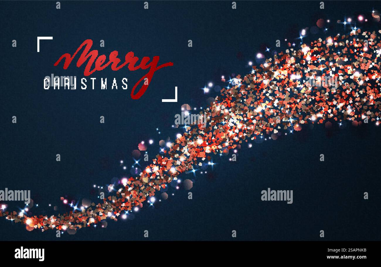 Weihnachtshintergrund mit hellen, realistischen Glitzer-Konfetti von Sternen. Weihnachtsfeiertag Lichteffekt. Die Grußkarten sind ein fröhliches Weihnachtsfest und ein frohes neues Jahr. Vektorabbildung Stock Vektor