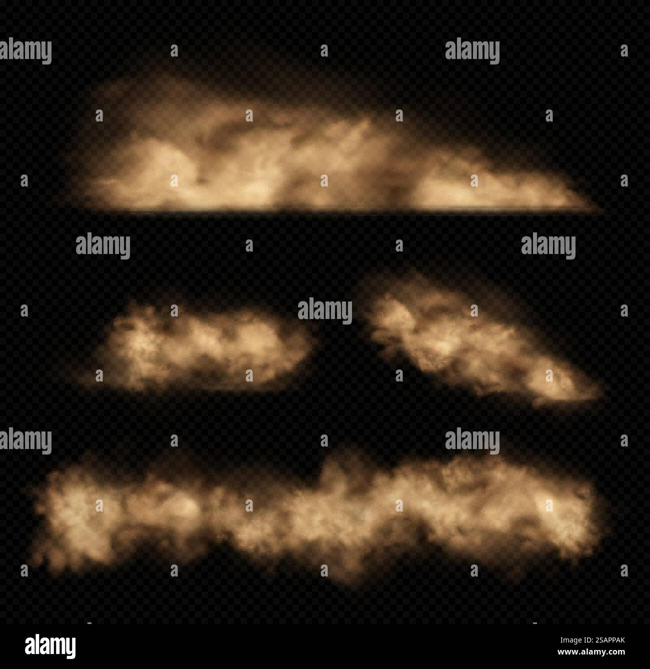 Sandwolken mit Staub isoliert auf transparentem Hintergrund. Wüstensturm, Sandsturm. Braune, staubige Wolke oder trockener Sand fliegen. Realistische Vektordarstellung Stock Vektor