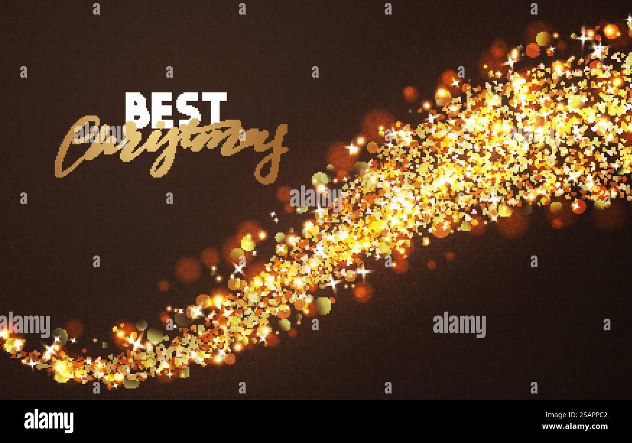 Weihnachtshintergrund mit hellen, realistischen Glitzer-Konfetti von Sternen. Weihnachtsfeiertag Lichteffekt. Grußkarten Design Frohe Weihnachten und Happy New Year, Schriftzug.. Weihnachtshintergrund mit hellen, realistischen Glitzer-Konfetti von Sternen. Stock Vektor