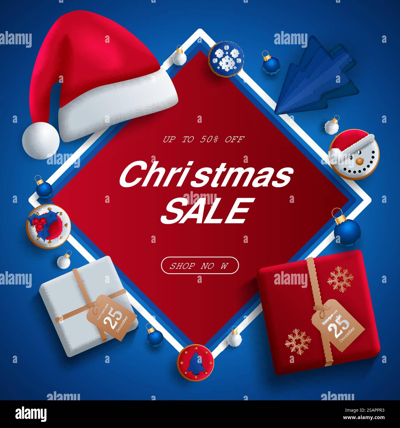 Weihnachtskarte Vektor Hintergrund, bunte Elemente und Ornament in rotem Hintergrund. Vektorabbildung. Stock Vektor