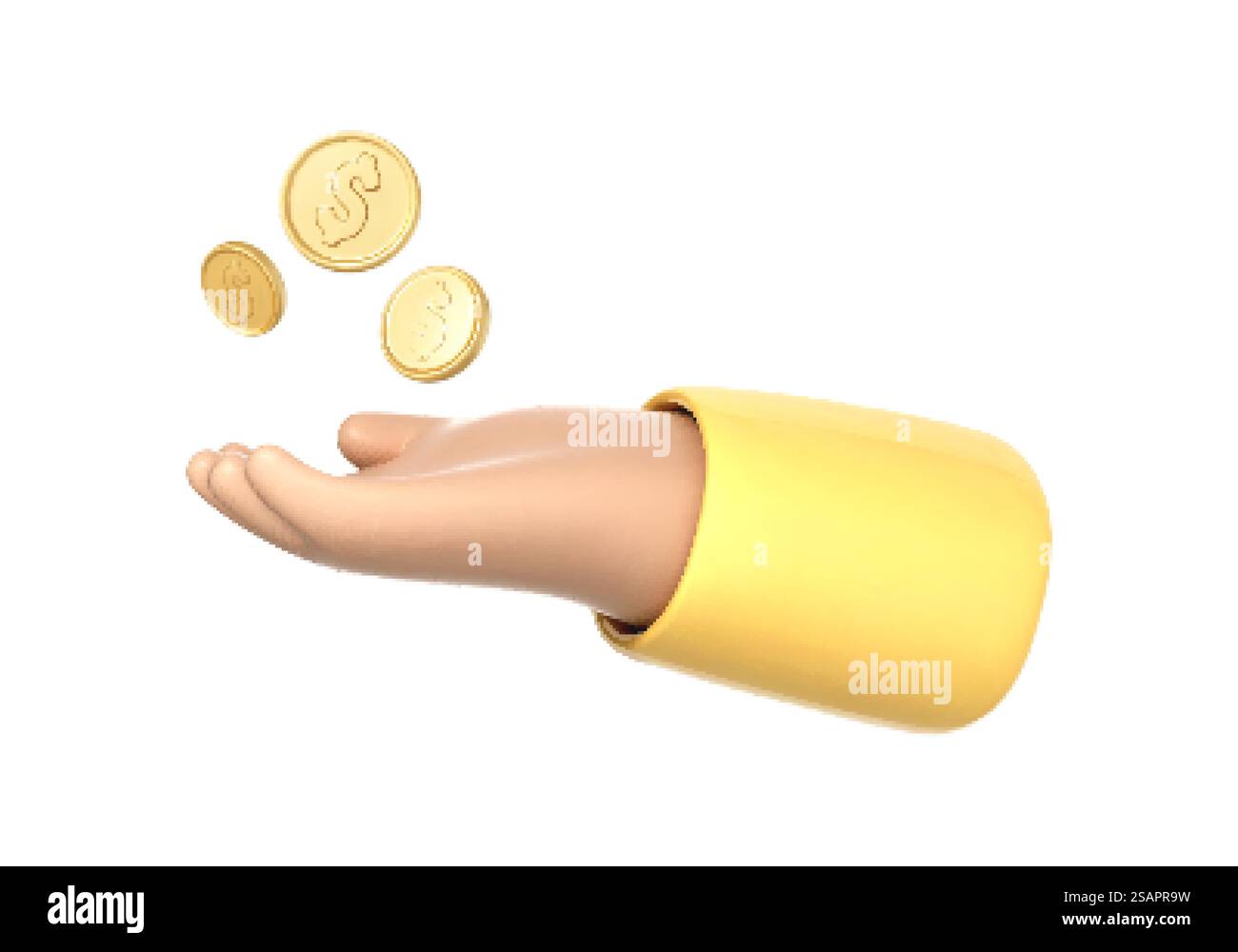 3D-Cartoon-Hand mit Goldmünzen. Geld sparen, Online-Zahlung und Geschäftskonzept. Vektor-3D-Illustration Stock Vektor