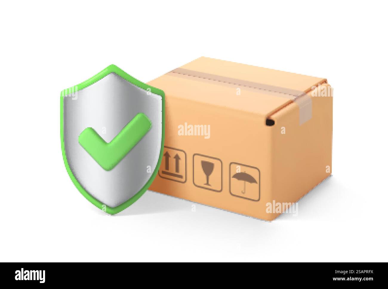 3D-Paketkasten und Schild mit grünem Häkchen. Transportversicherung, Transportsicherheit und Logistikkonzept. Vektor-3D-Illustration Stock Vektor