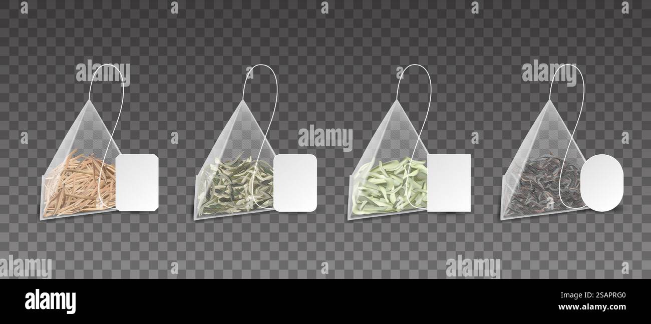 Teebeutel. Realistische Pyramiden. 3D-Teebeutel für die Zubereitung von grünen oder schwarzen und Kräuterblütengetränken. Isolierte Packungen, Set mit leerem Kartonetikett, Modell. Trockene Blätter in Dreiecken. Vektor Chinesisches Getränk. Teebeutel. Realistische Pyramiden. 3D-Teebeutel für die Zubereitung von grünen oder schwarzen und Kräutergetränken. Packungen mit leerem Kartonetikett, Modell. Trockene Blätter in Dreiecken. Vektor Chinesisches Getränk Stock Vektor