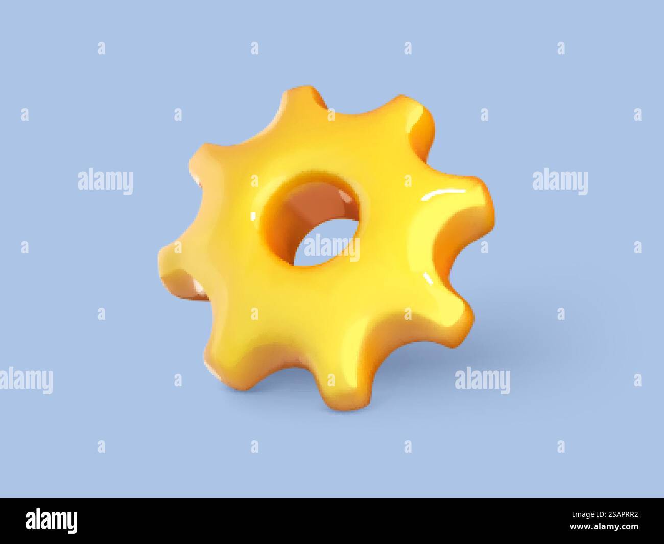 Symbol für 3D-Cartoon-Ausrüstung auf blauem Hintergrund. Vektor-3D-Abbildung Kunststoff volumetrisches gelbes Zahnrad. Stock Vektor