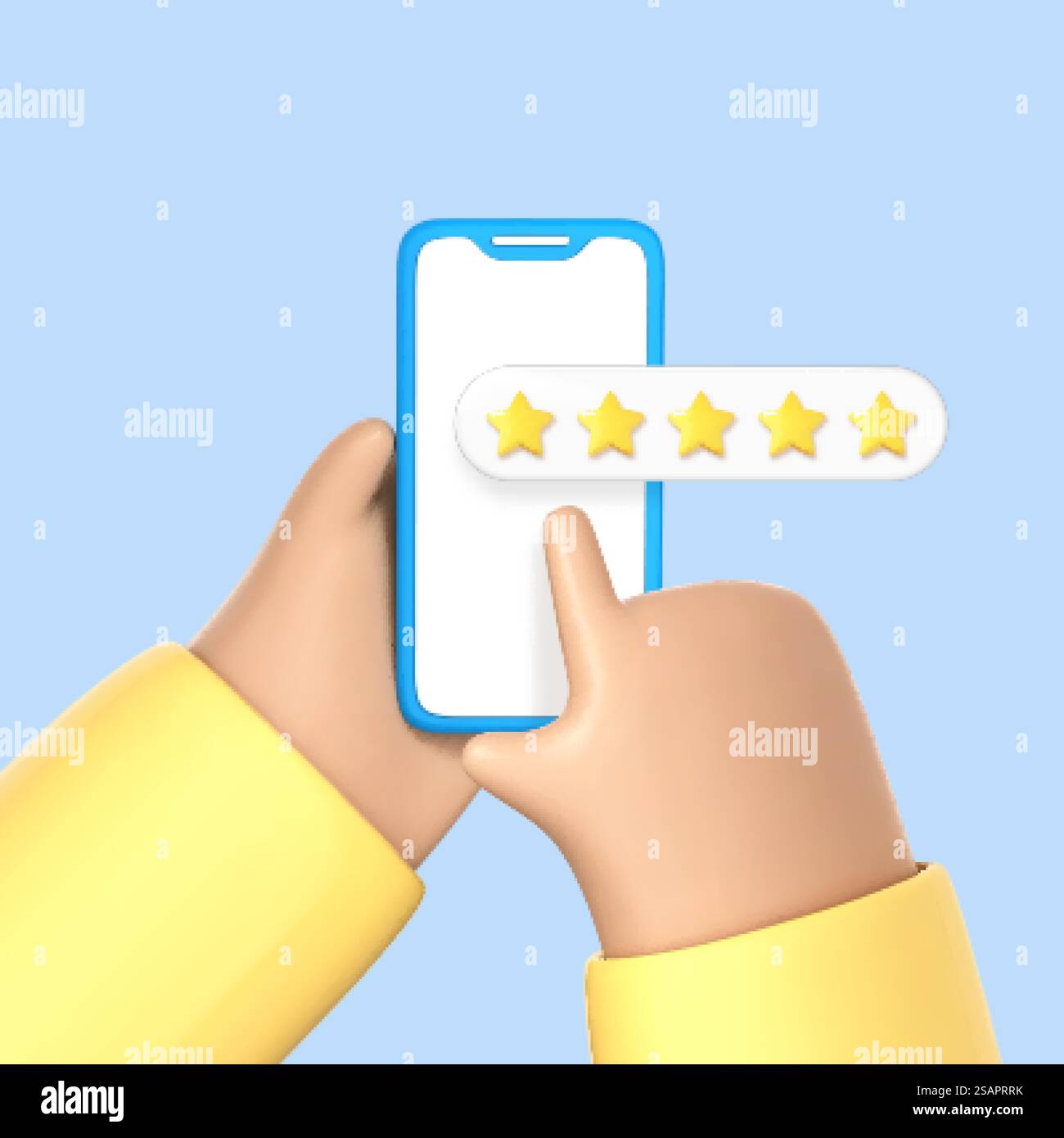3D-Zeichentrickhand Hinterlasse Feedback auf dem Telefonbildschirm. Handhaltung mit fünf Sternen auf dem Smartphone. Positive Benutzerbewertung, Bewertung, Online-Bewertung. Vektor-3D-Illustration Stock Vektor