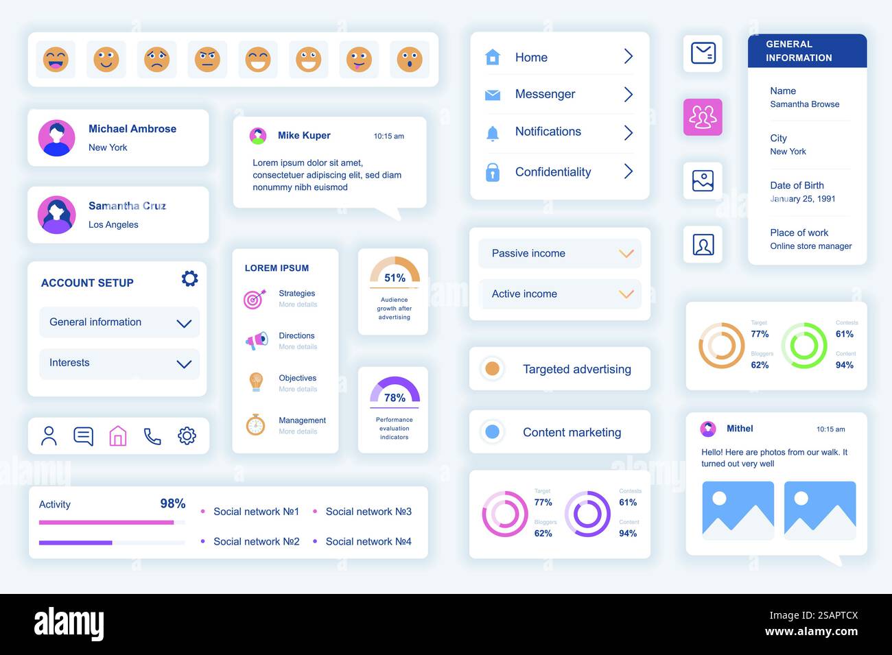 Benutzeroberflächenelemente, die für die mobile Social-Media-App festgelegt wurden. Kit-Vorlage mit HUD-Diagrammen, Profilinformationen, Emoticons, Kontoeinrichtung, Statistiken. Paket mit UI-, UX- und GUI-Bildschirmen. Vektorkomponenten. Stock Vektor