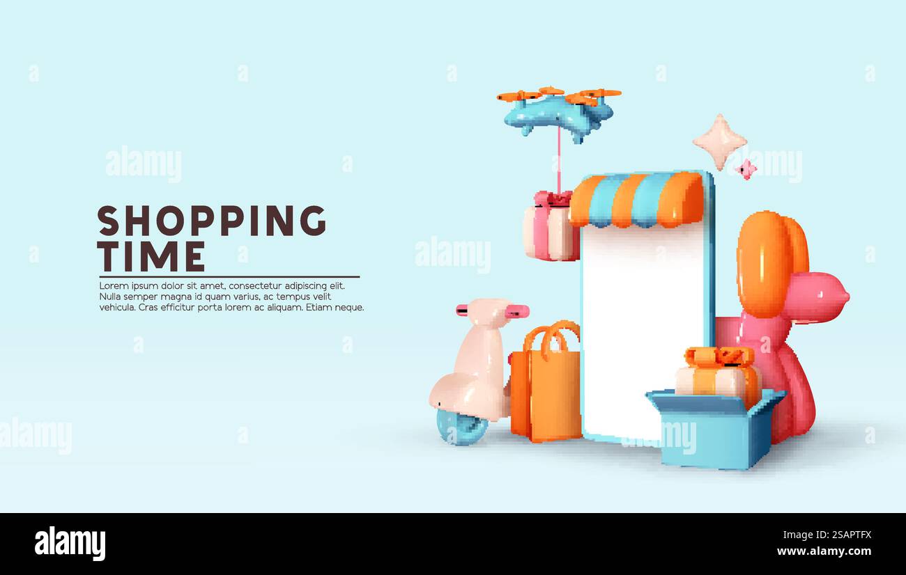 Online-Shop. Einkaufszeit. Kreatives Konzeptdesign. Realistisches 3D-Mobiltelefon, Moto-Roller, fliegende Drohne, Geschenkbox und Shopping. Kurierdienst Lieferung. Landing-Page. Vektorabbildung Stock Vektor