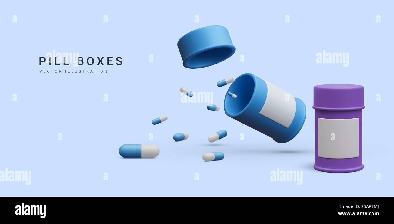 3D realistische Pille Flaschen mit fliegenden Behandlung Medikation Kapsel Pillen isoliert auf weißem Hintergrund. Gesundheitskonzeptbanner für die Pharmazie. Vektorabbildung. Stock Vektor