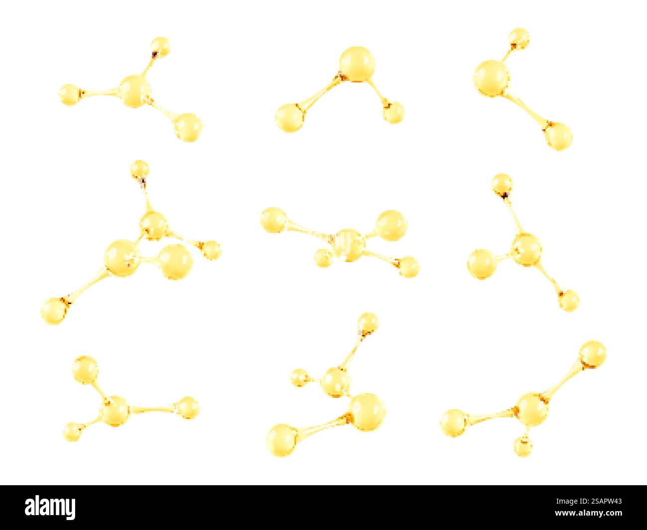 Set aus Goldölmolekül. Abstrakte 3D-Molekülstrukturen. Goldkollagenserum und Vitamin-Hyaluronsäure-Hautpflegelösungen. Schönheitswissenschaft, Hautpflege, molekulares Konzept. Vektorabbildung Stock Vektor