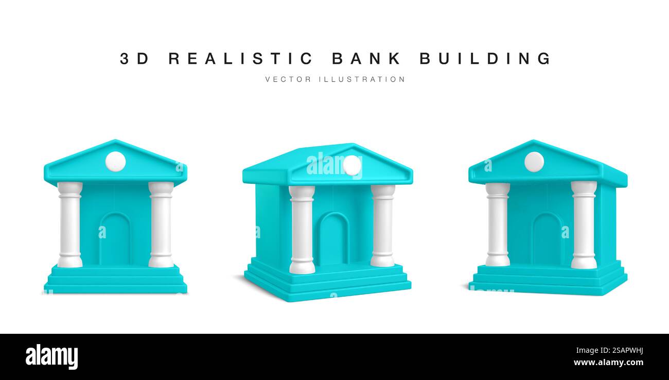 3D-Bankgebäude. Satz realistischer Banksymbole an anderer Position. Vektorabbildung. Stock Vektor