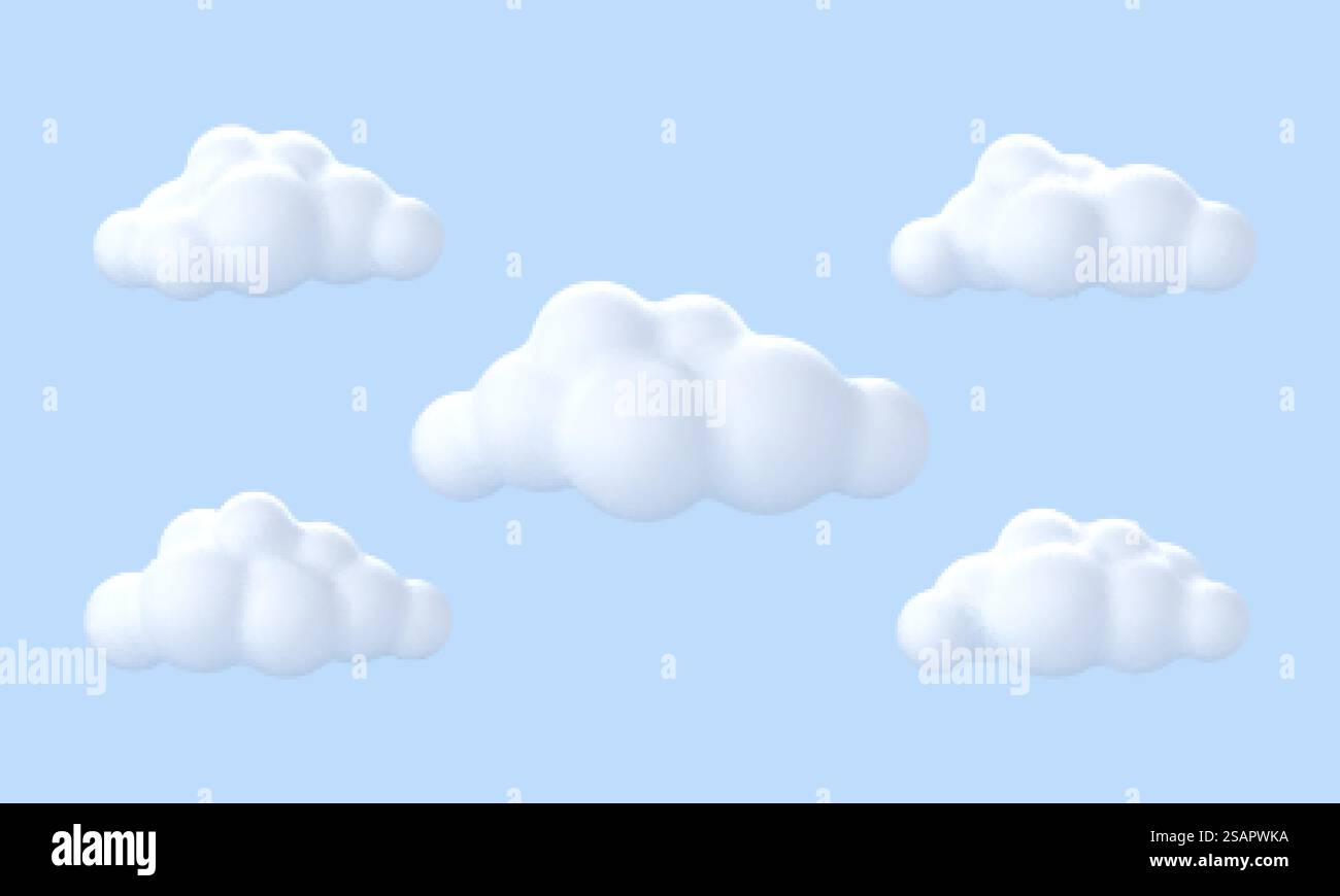 Weiße 3d-Wolken liegen isoliert auf einem blauen Hintergrund. Stock Vektor
